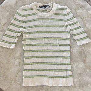 Veronica Beard White Knit Top with Green and Blue Stripes Linen M